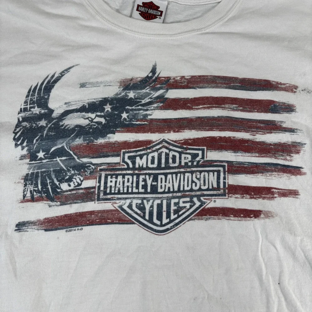 VTG Harley-Davidson T-Shirt Mens XL White Eagle Flag Sauk Prairie WI USA‎ Made